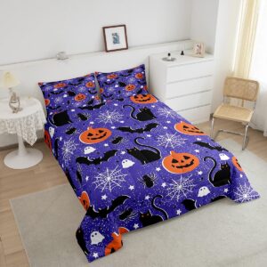 Feelyou Happy Halloween Full Size Bedding Set Decoration Pumpkin Lantern Comforter Set for Kids Boys Girls Spooky Cat Bat Duvet Set Purple Quilt Set Soft and Lightweight