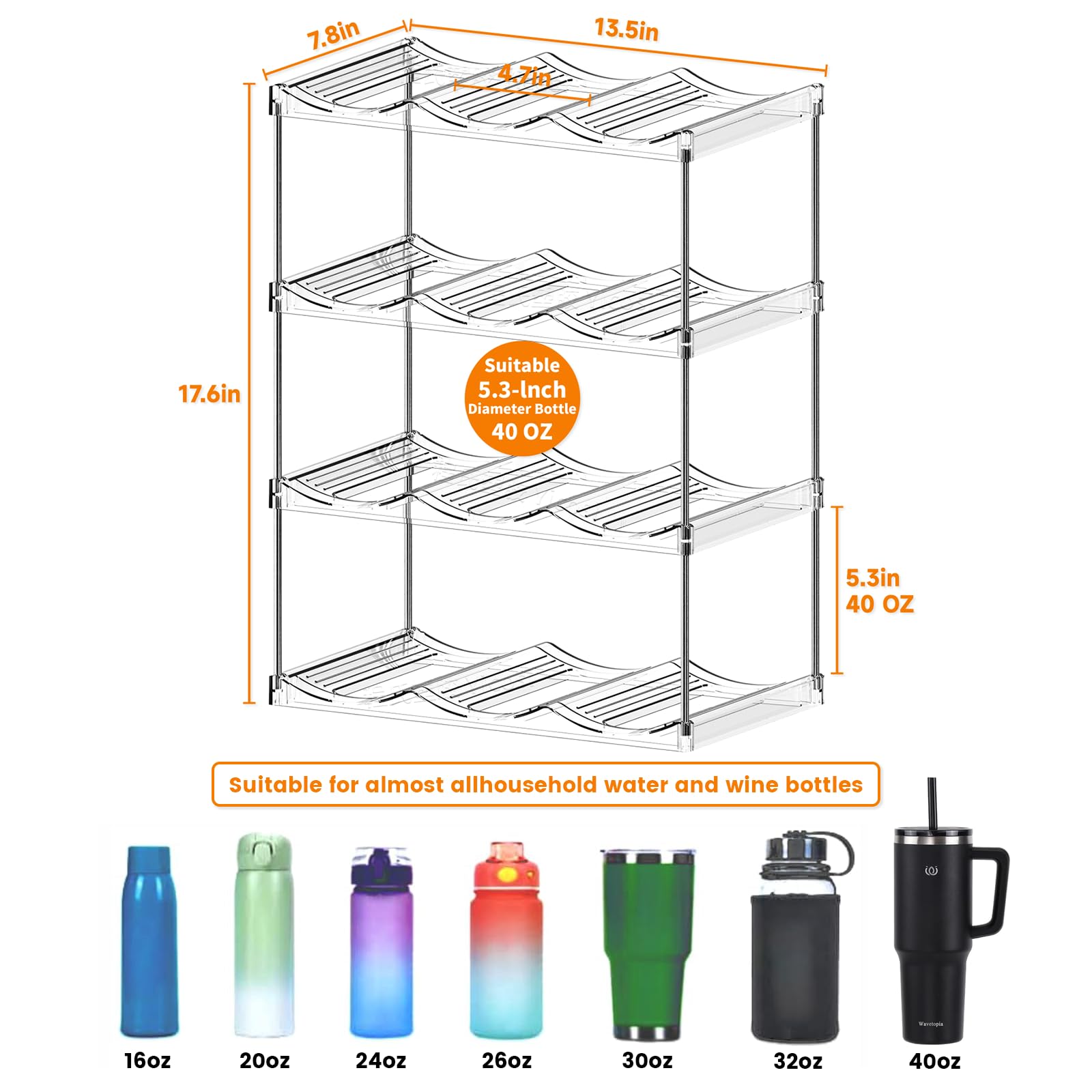 Yieach 4 PCS Stackable Water Bottle Organizer for Cabinet,4.7" W X5.3"H Great for Stanley Yeti Bottle and Other Tumbler Organizer for Kitchen Cabinets,Clear Stackable Water Bottle Holder and Wine Rack