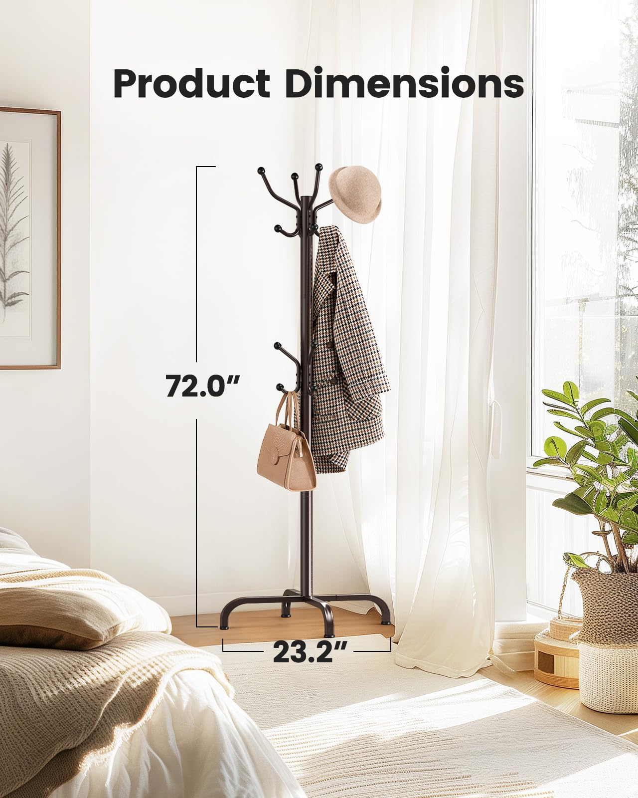 Pipishell Coat Rack with 14 Hooks, Freestanding Coat Rack Stand for Entryway, Hallway, Bedroom, and Office, Metal Coat Tree & Hat Rack for Coats, Hats, and Bags, Brown