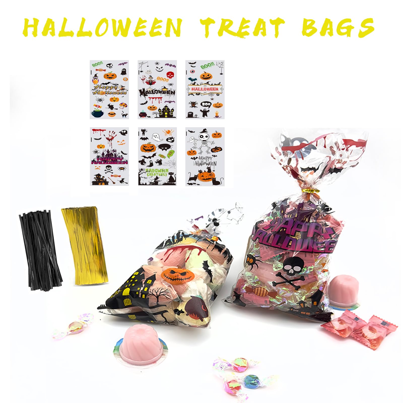 YIYATOO Halloween Treat Bags,120PCS Halloween Cellophane Treat Bags,Halloween Candy Bags with 140Pcs Black and Gold Twist Ties,Trick or Treat Goodie Bags for Halloween Party Supply-10.6 * 5.1 inch