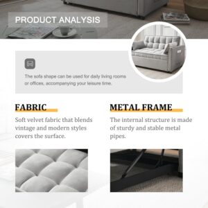 FENFSHE Futon Sofa Bed, Modern Velvet 3 in 1 Convertible Sleeper Sofa Couch Bed, Pullout Couch Bed with Adjustable Backrest, Storage Pockets and Toss Pillows for Living Room, Bedroom (Grey)