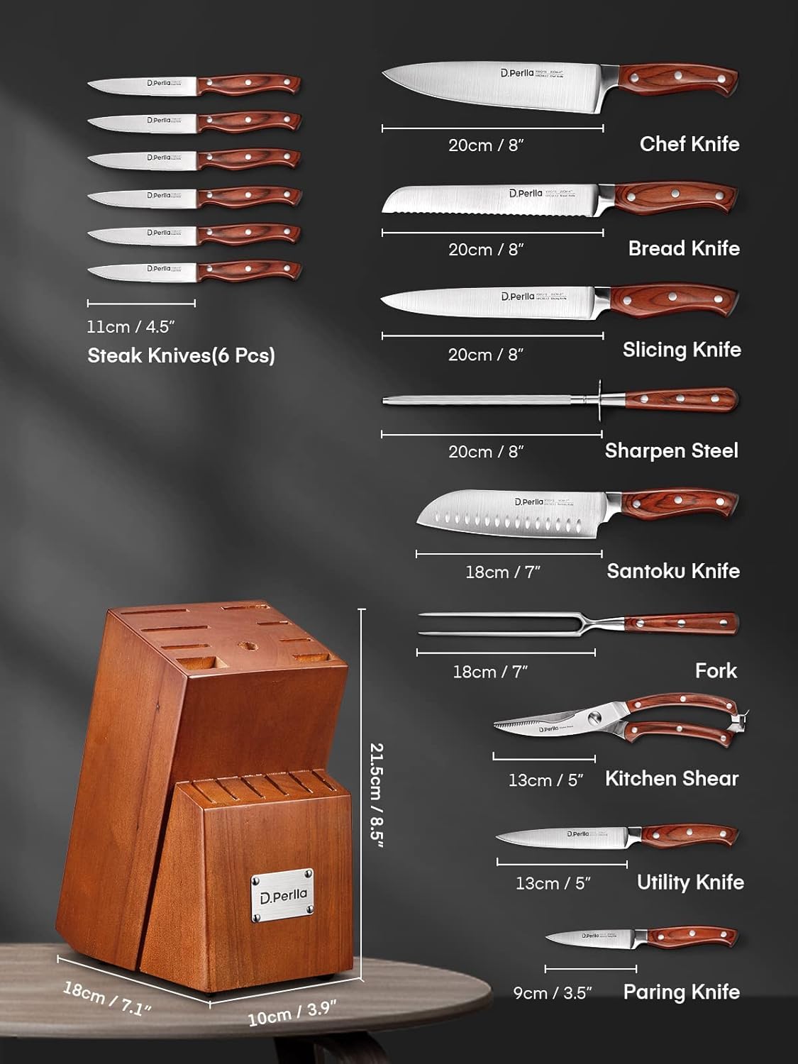 Knife Set with Block, 16 Pcs Stainless Steel Kitchen Knife Set with Sharpener & Wooden Block, Knife Block Set with Wood Handle, Chef, Santoku, Bread, Utility, Paring & Carving Fork Knife, Brown