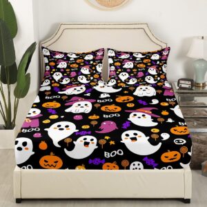 Feelyou Kids Cartoon Halloween Fitted Sheet Cute Ghost Pumpkin Sheets Set for Child Boys Girls Black Purple Queen Size Bedding Set Decoration Kawaii Bed Sheet Set Collection