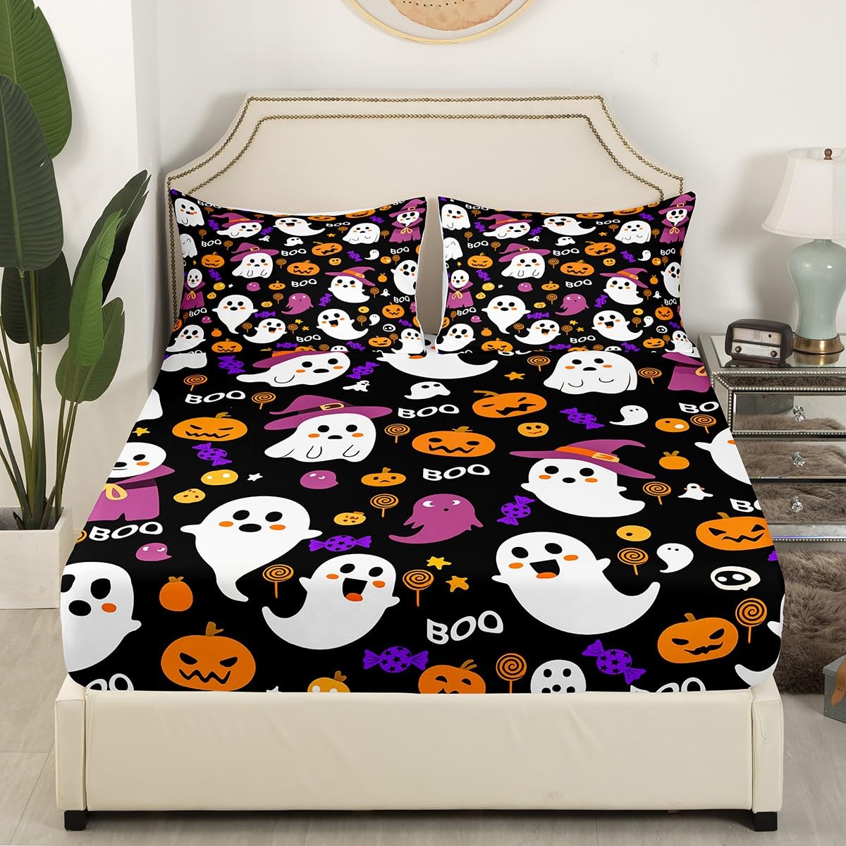 Feelyou Kids Cartoon Halloween Fitted Sheet Cute Ghost Pumpkin Sheets Set for Child Boys Girls Black Purple Queen Size Bedding Set Decoration Kawaii Bed Sheet Set Collection