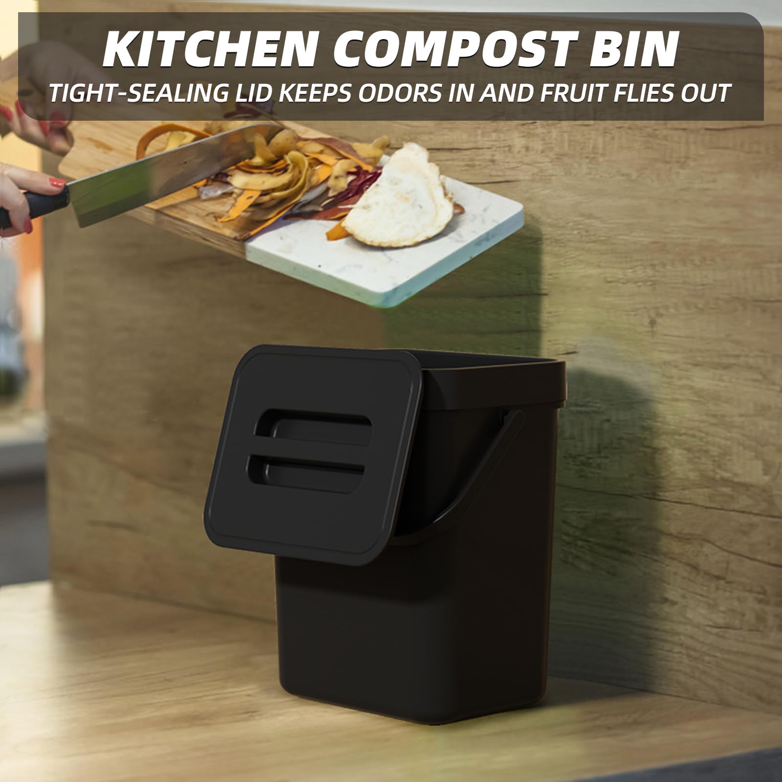 Small Trash Can with Lid, Kitchen Countertop Compost Bin, Outdoor Dog Poop Trash Can Odorless, Hanging Bathroom Garbage Can, Mini Desktop Waste Basket for Under Sink/Cabinet/Bedroom, 3L/0.8Gal, Black