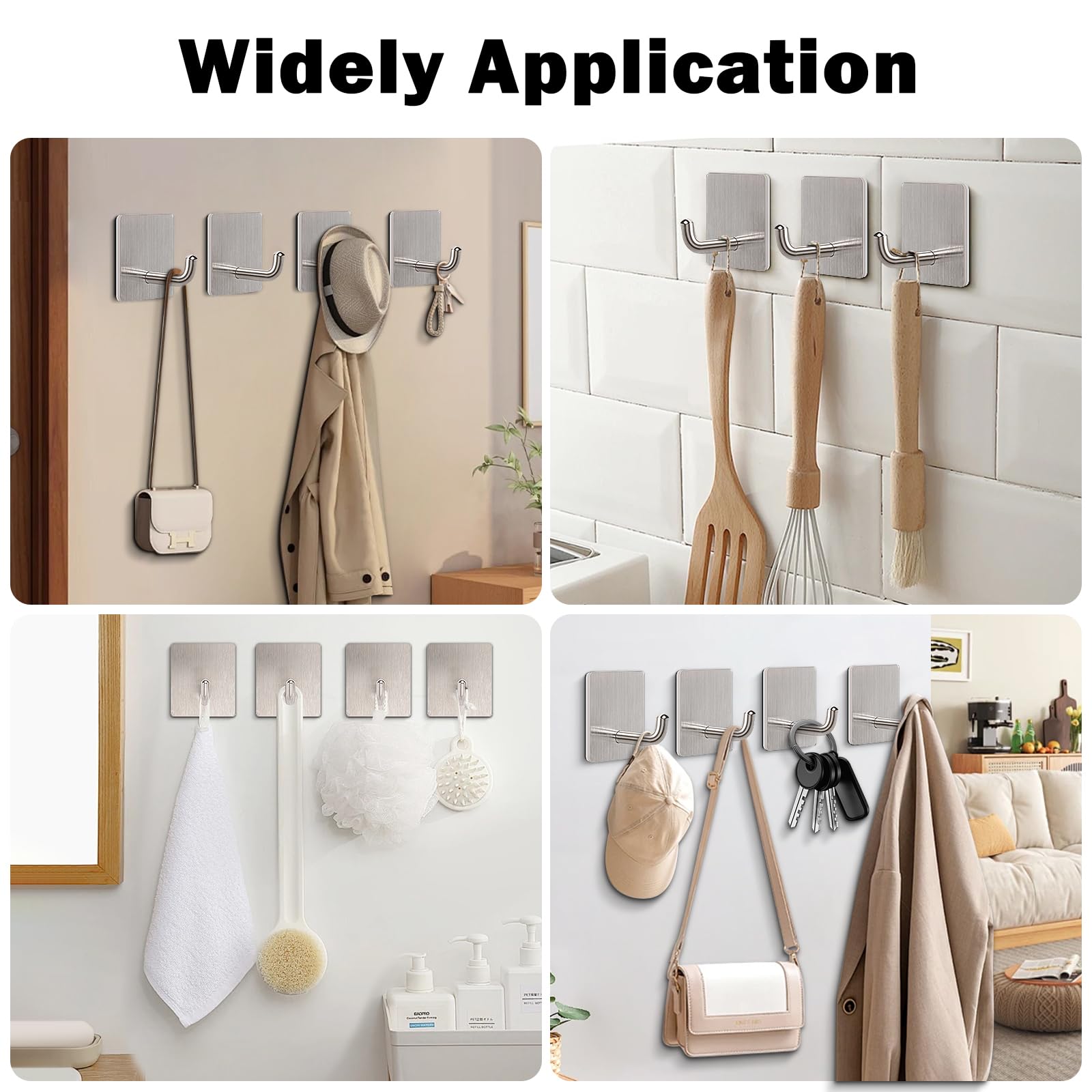 Livabber Adhesive Towel Hooks, 304 Stainless Steel Self Sticky Wall Hooks Waterproof Shower Hooks for Robe/Clothes, No Drilling Towel Hangers for Bathroom Kitchen Bedroom, 6 Packs（Brushed Nickel）