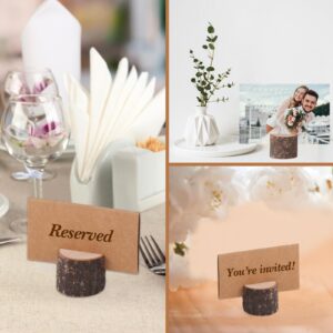 CroBlissful 24 Pcs Rustic Wooden Place Card Holders and 48 Pcs Kraft Table Place Cards, Rustic Table Number Holder Wooden Photo Picture Holders Name Card Clips Holder for Wedding Birthday Party Table