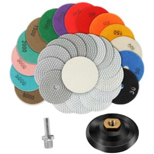 4 inch diamond polishing pads,16 pack wet/dry polish pad kit with 5/8’’-11 backer pad for drill, grinder, polisher,30-8000 grit pads for granite marble concrete stone quartz