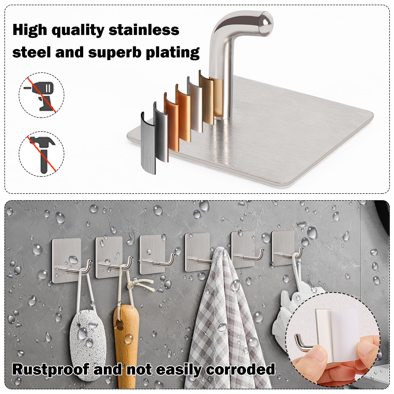 Livabber Adhesive Towel Hooks, 304 Stainless Steel Self Sticky Wall Hooks Waterproof Shower Hooks for Robe/Clothes, No Drilling Towel Hangers for Bathroom Kitchen Bedroom, 6 Packs（Brushed Nickel）