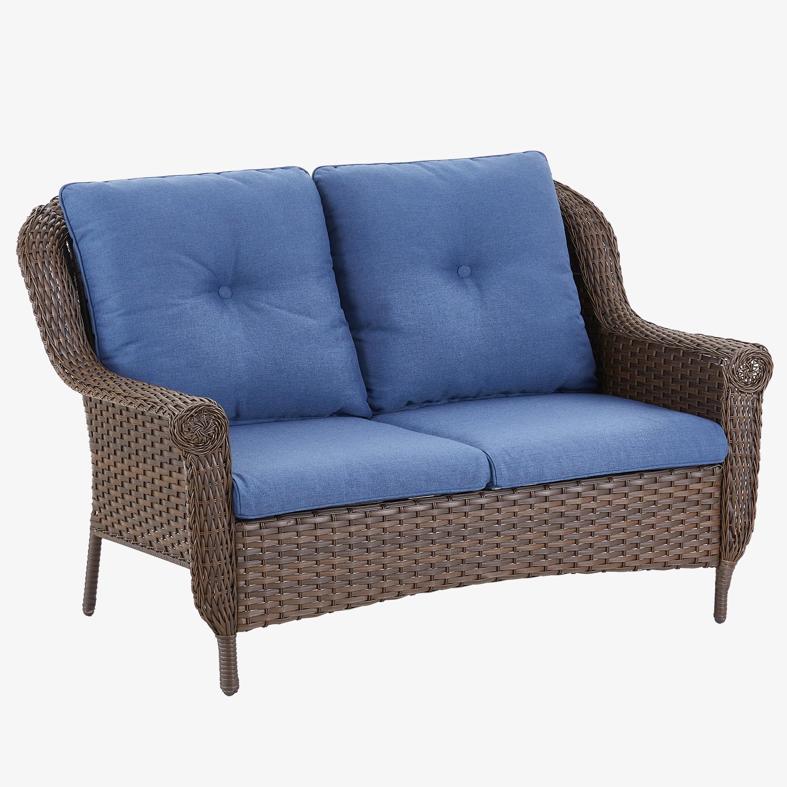 Bellefurn Patio Wicker Sofa Brown Rattan Loveseat Outdoor Couch with Chrysanthemum Armest & Water Resistant Cushions Sofa for Garden Balcony Backyard Poolside, Blue Cushions Loveseat(1PC)