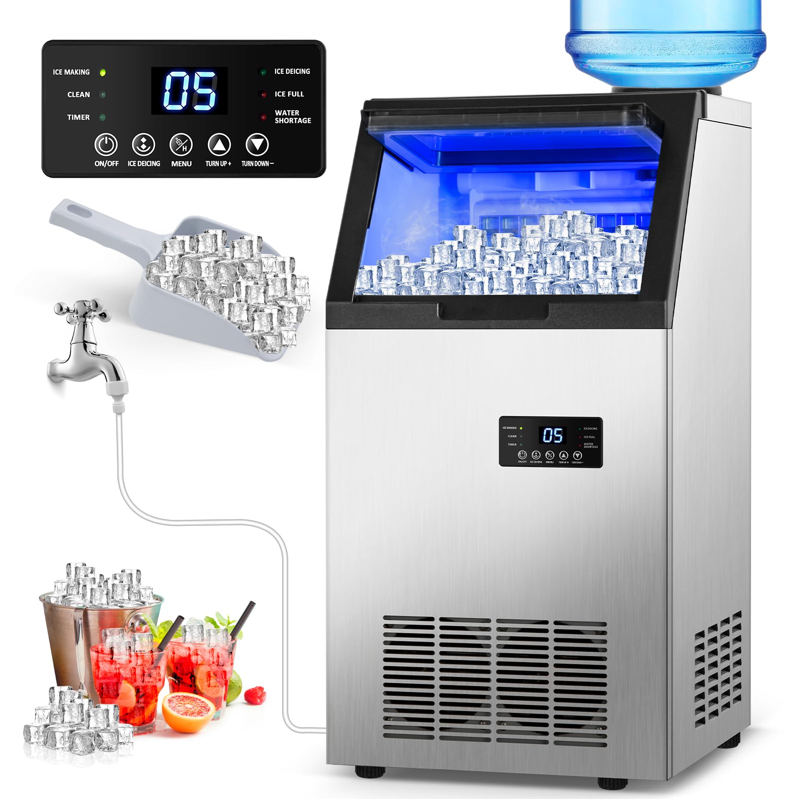 Commercial Ice Maker Machine 130Lbs/24H, Undercounter/Freestanding Ice Machine, 45 Ice Cubes in 4-15 Minutes, 35 lbs Ice Storage, 2 Water Supply Modes - Perfect for Home, Bar, and Outdoor