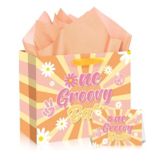 groovy one gift bag boho 1st birthday gift bag for girls with card tissue paper, daisy flower hippie first birthday wrapping paper for retro birthday baby shower party gift wrap christmas decorations supplies