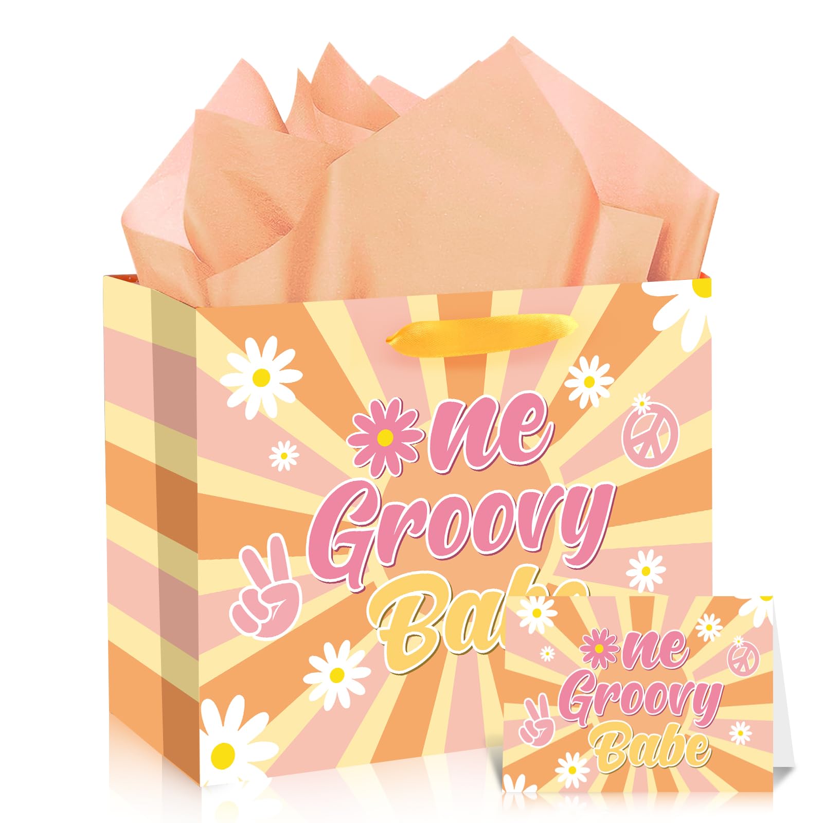 Groovy One Gift Bag Boho 1st Birthday Gift Bag for Girls with Card Tissue Paper, Daisy Flower Hippie First Birthday Wrapping Paper for Retro Birthday Baby Shower Party Gift Wrap Christmas Decorations Supplies