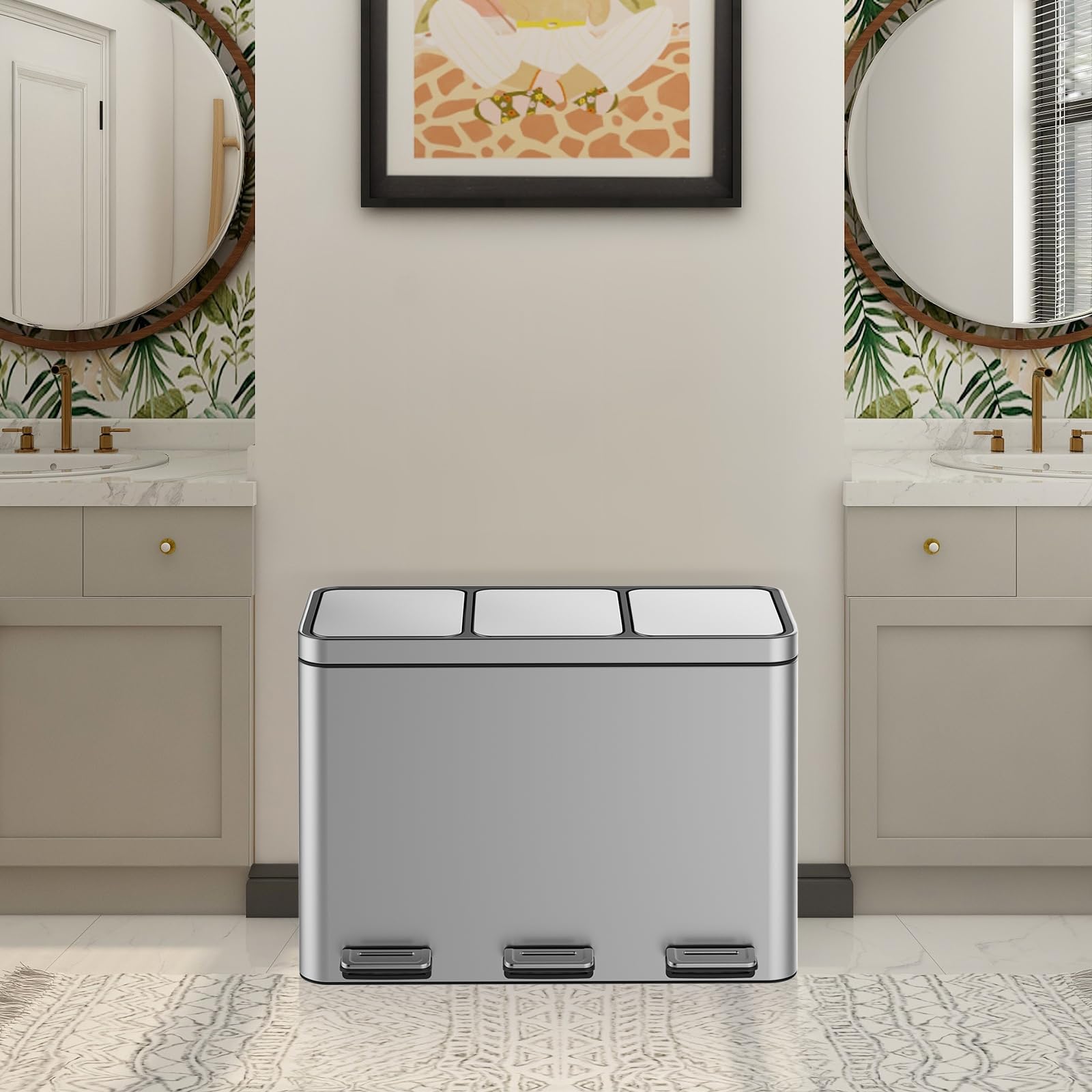 GarveeHome 12 Gallons Rectangular Recycling Trash Can with 3 Compartments, Silver, 45 Liters (4+4+4Gallons)