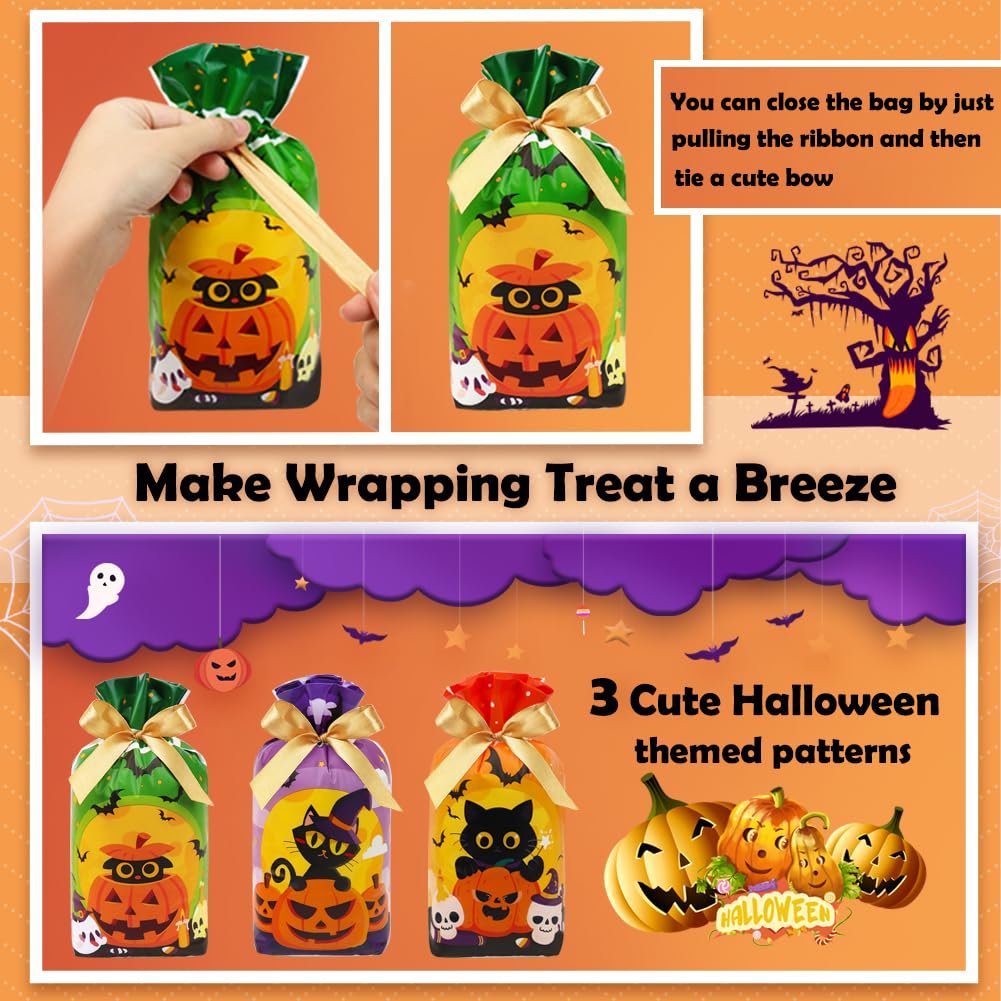 HRX Package 50pcs Halloween Treat Bags, 5.8x9x2.4 inch Drawstring Candy Bags Small Goodie Bags for Trick or Treat