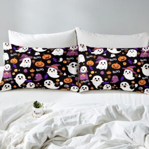 Feelyou Kids Cartoon Halloween Fitted Sheet Cute Ghost Pumpkin Sheets Set for Child Boys Girls Black Purple Queen Size Bedding Set Decoration Kawaii Bed Sheet Set Collection