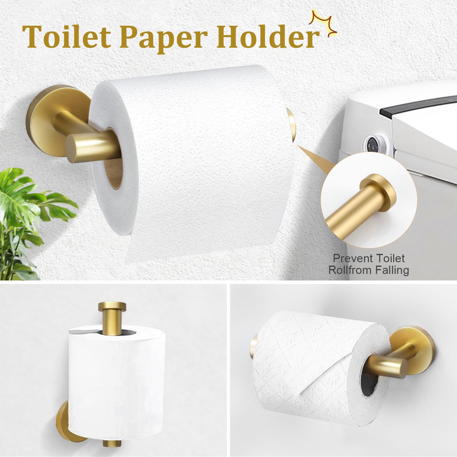 TURS Toilet Paper Holder 2 Towel Hooks Brushed Gold SUS304 Stainless Steel 3-Pieces Bathroom Accessories Kit Wall Mounted