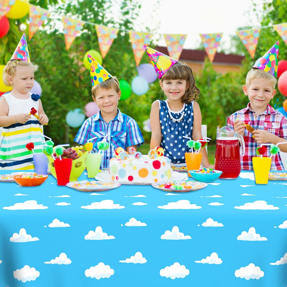 2Pcs Blue Sky and White Clouds Tablecloth Birthday Party Supplies, 54x108 Inch Cartoon Story Tablecloth, Cartoon Tablecovers Party Table Cover for Baby Boy Girl Kids Shower Birthday Party Decorations