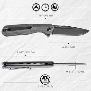 KANSEPT Qilin Pocket Folding Knives for Men EDC Camping Knife 3.43'' Blackwash 154CM Blade with Black Micarta Handle T1047A1