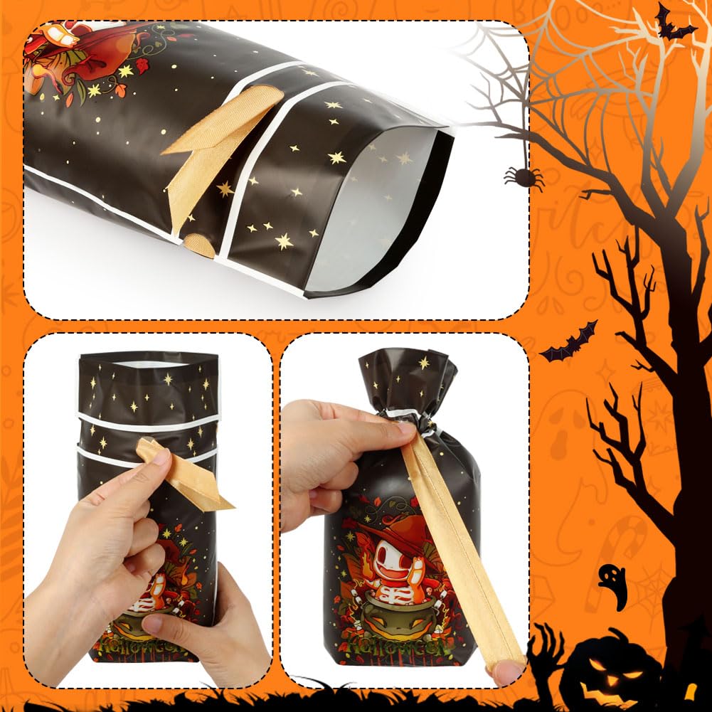 JOINDO 50 pcs Halloween Treat Bags for Candy, 6x9 Drawstring Candy Bags for Party Favor, Stand up Halloween Goodie Bags (Dark Flame Halloween Series)