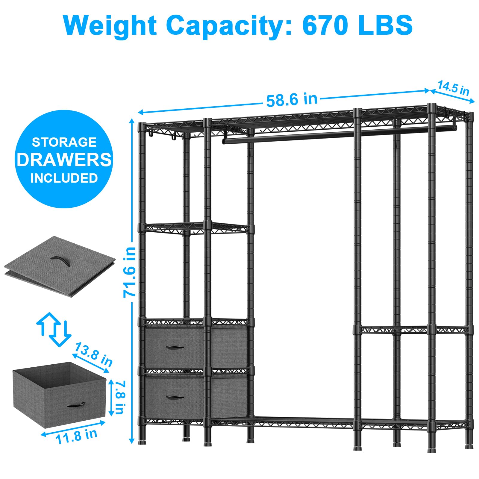 Ulif E6 Clothes Rack with Drawers, 5 Tiers Metal Garment Rack with Shelves for Hanging Clothing, Closet Storage Organizer for Bedroom and Cloakroom, 58.6" W x 14.5" D x 71.6" H, Max Load 670lbs