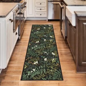 Black Green Runner Rug for Hallway 2x6,Botanical Print Runner Rug for Entryway,Plant Leaf Printed Area Rugs Non-Slip Throw Floor Carpet for Bedroom Entrance Door Mat Washable Kitchen Rug Runners