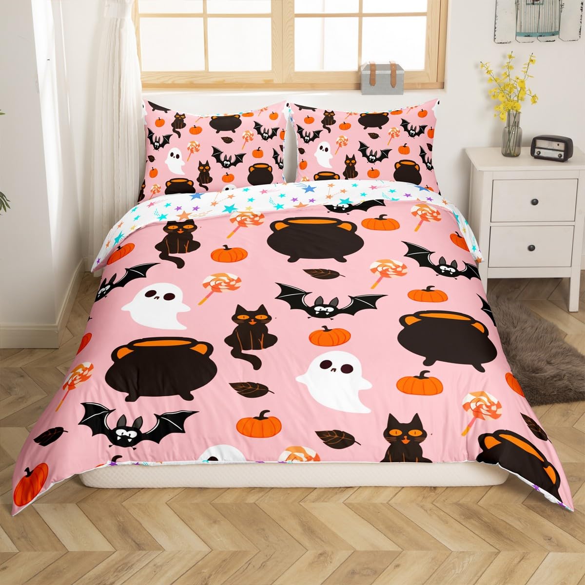 Feelyou Halloween Comforter Cover Set Black Bats Cats Duvet Cover Set Kids Boys Girls Halloween Candy Bedding Set Horror Pumpkin Lantern Quilt Cover with 2 Pillowcases 3Pcs Bedding Full,No Comforter