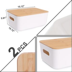 KAIZE 2PCS Plastic Storage Bins with Bamboo lids Stackable Storage Containers for Organizing, Bundled with Labels and Marker 10.24 x 7.01 x 6.1 inch(2 PCS-15.12 x 10.67 x 5.98 inch), White