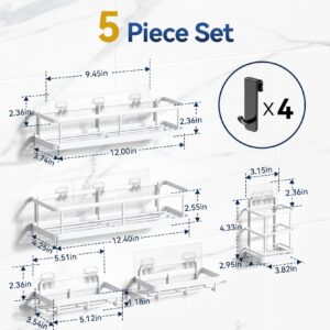 YASONIC Shower Caddy Adhesive 5 Pack, No Drill Bathroom Shower Organizers with Removable Hooks, Rust Proof Shower Shelves for Inside Shower, Wall-Mounted Shower Holder, White