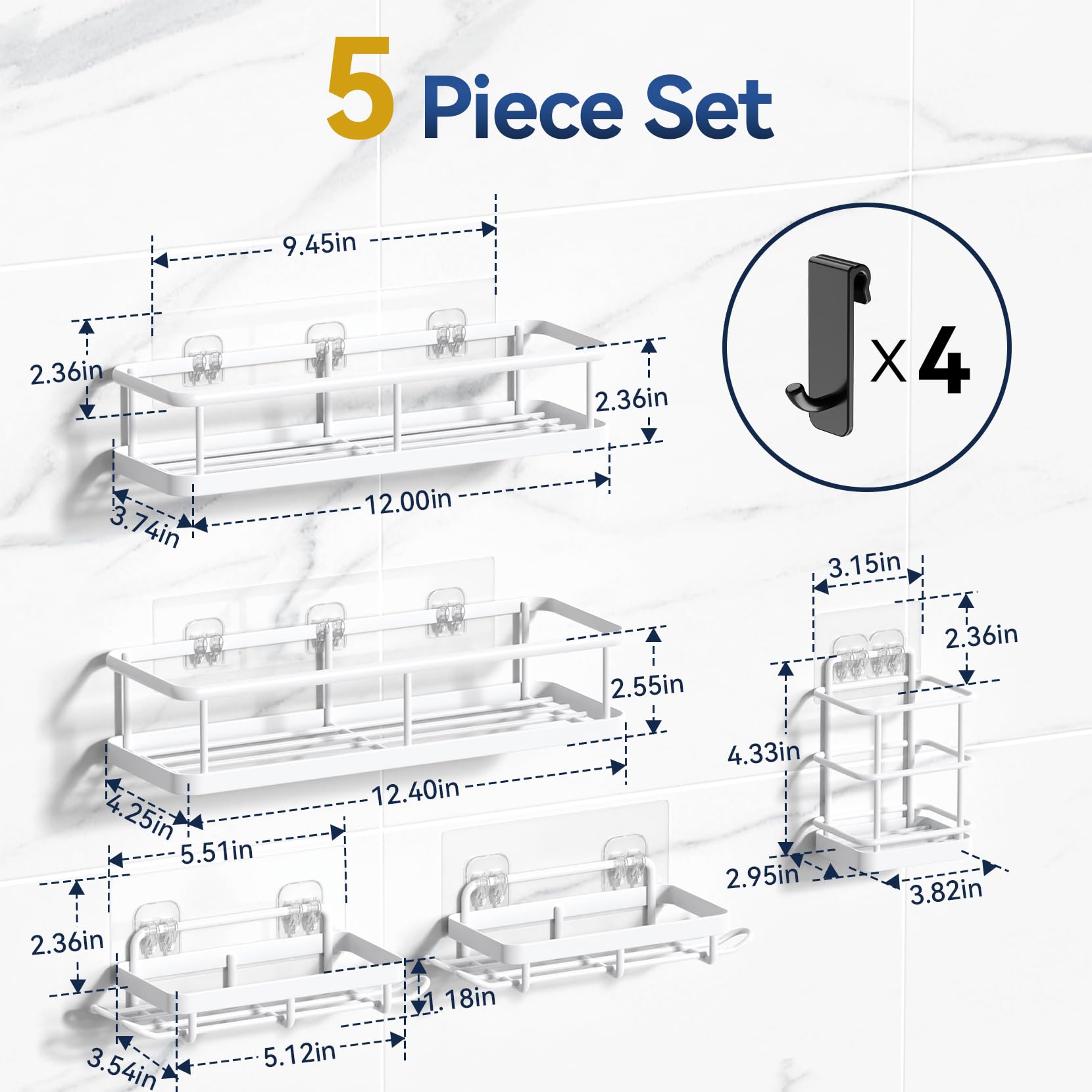 YASONIC Shower Caddy Adhesive 5 Pack, No Drill Bathroom Shower Organizers with Removable Hooks, Rust Proof Shower Shelves for Inside Shower, Wall-Mounted Shower Holder, White