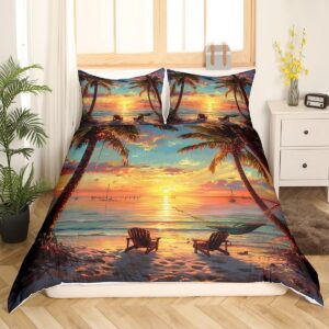 tropical sunset palm tree duvet cover (no comforter),ocean sunset coastal beach breathable comforter cover,watercolor seaside landscape comforter cover 3 pcs with 2 pillowcases king size