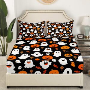 Feelyou Girls Pumpkin Lantern Twin Size Bedding Set Decoration Ghost Spider Bed Sheets for Kids Boys Kawaii Halloween Fitted Sheet Black Cute Sheets Set,No Top Sheet