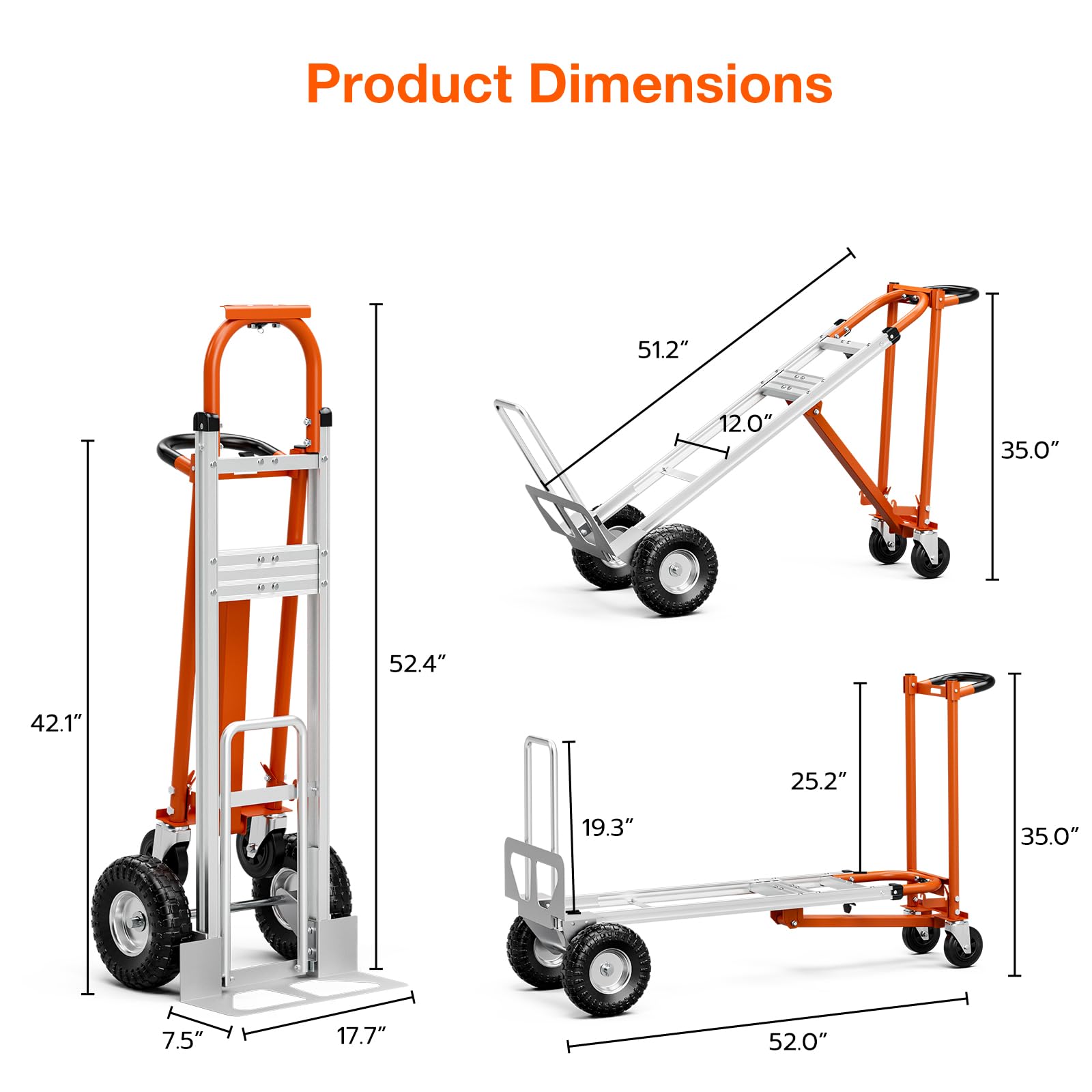 Oarlike 4-in-1 Aluminum Hand Truck, 800 lbs Capacity Heavy Duty Dolly Cart with 10" Rubber Wheels, Industrial Folding Dolly for Moving, Transport in Warehouse, Supermarket, Garden, Home