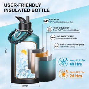 One Gallon Water Bottle Insulated with Straw&3 Lids, Non-BPA Keep Cold 48H Hot 24H, Water Jug Large Stainless Steel Metal Vacuum Wide Mouth for Sports, Gym or Office, Indigo/Black