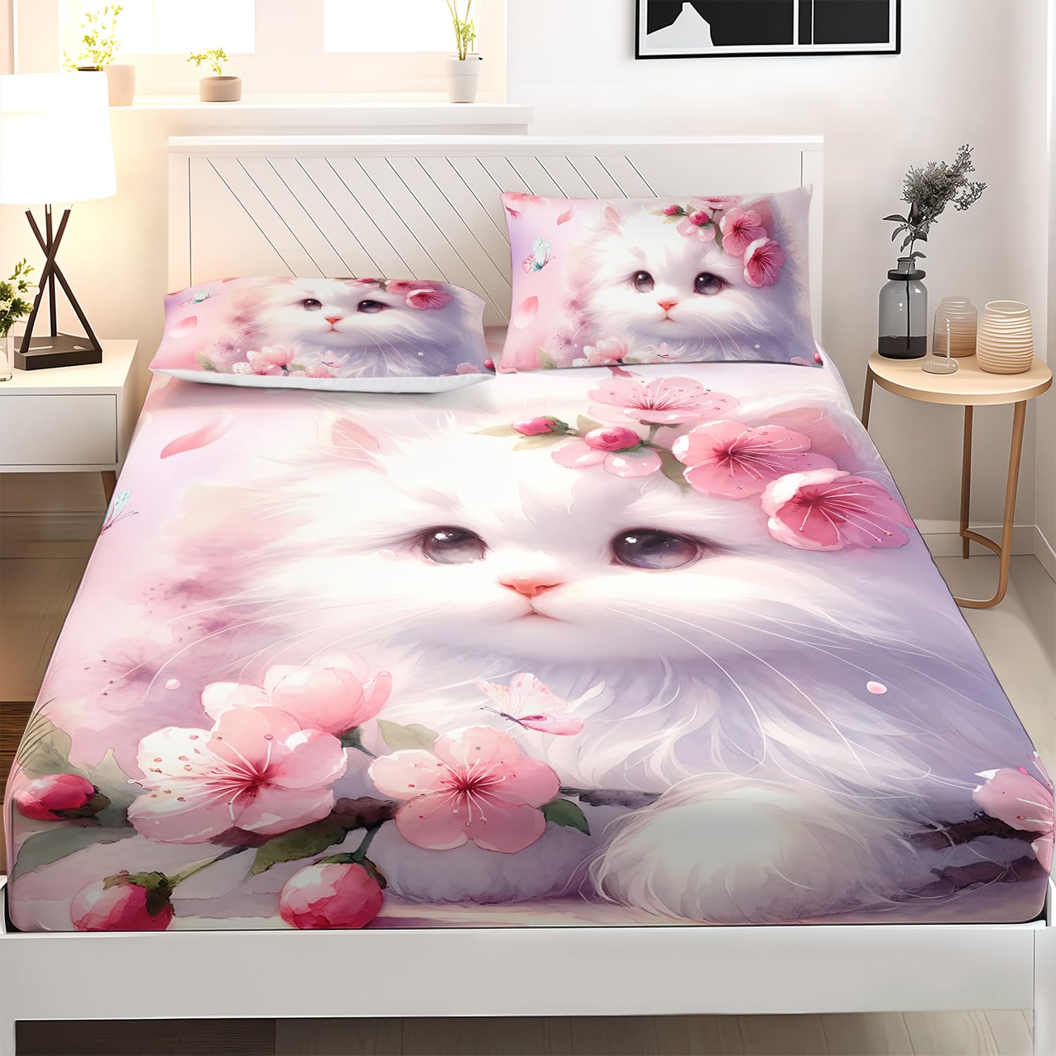 AILONEN Cat Kids Full Fitted Sheet Set,Pink Cherry Blossom Kitten Bed Sheet Set for Girls,Kawaii Cat Fitted Sheet with 2 Pillowcases,3 Piece Butterfly Cat Soft Bedding Set