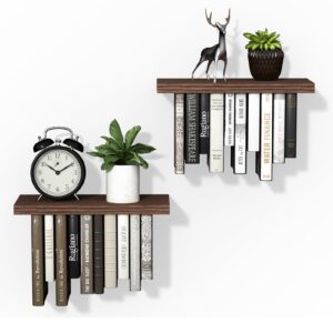 auatronne floating bookshelves set of 2, solid wood & metal bracket wall mount bookshelf, invisible book shelf floating, diy room decoration hanging bookshelf(17.5w*7d)