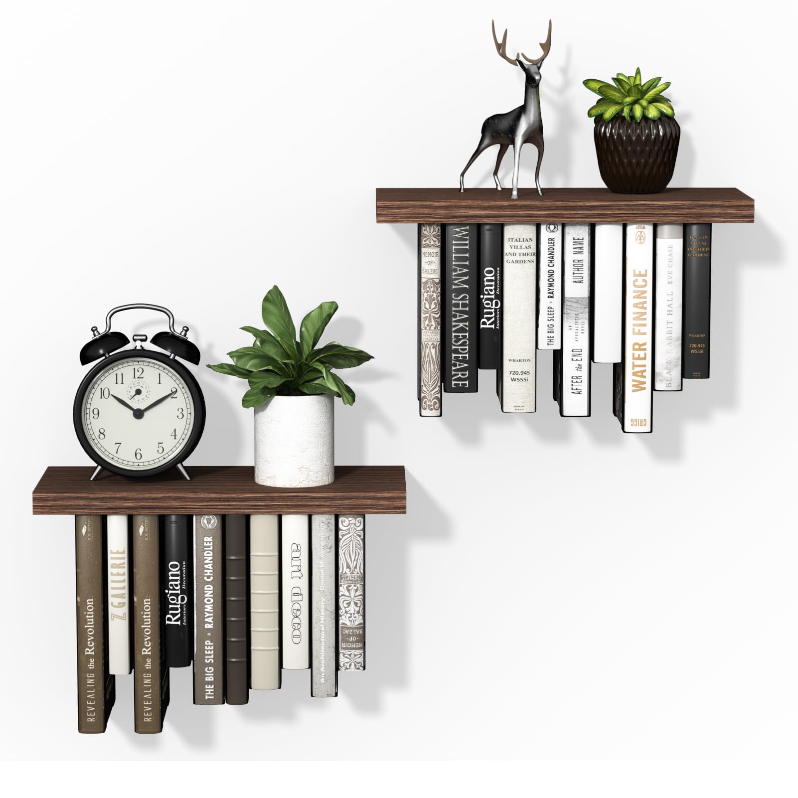 AUATRONNE Floating Bookshelves Set of 2, Solid Wood & Metal Bracket Wall Mount Bookshelf, Invisible Book Shelf Floating, DIY Room Decoration Hanging Bookshelf(17.5W*7D)