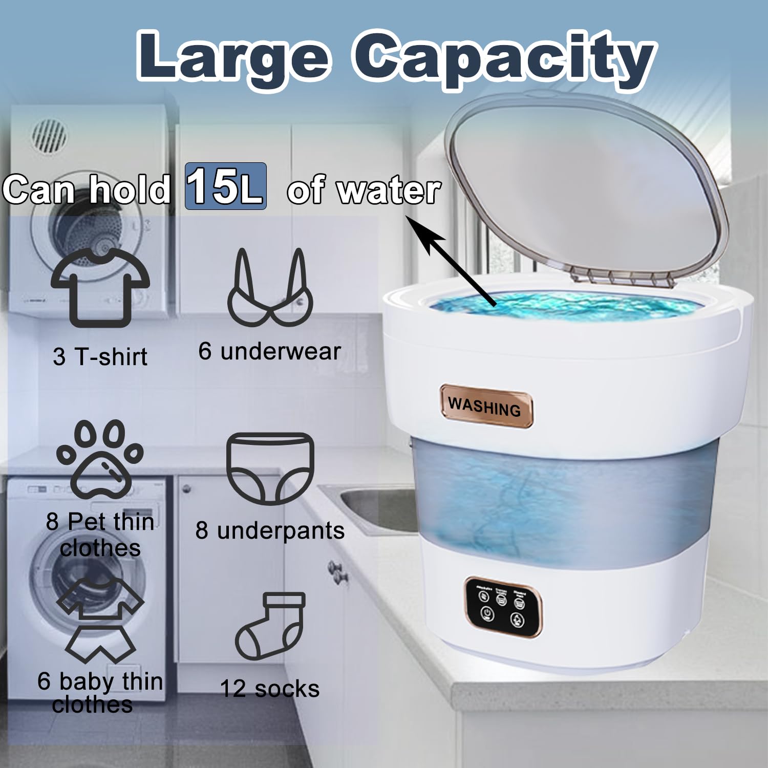 Portable Washing Machine, 15L 2 in 1 Foldable Small Washer with Spin Dry, Mini Labadora Portatil Deep cleaning for Baby Clothes, Underwear, Socks, Apartment, Dorm, Travel, RV Camping Laundry