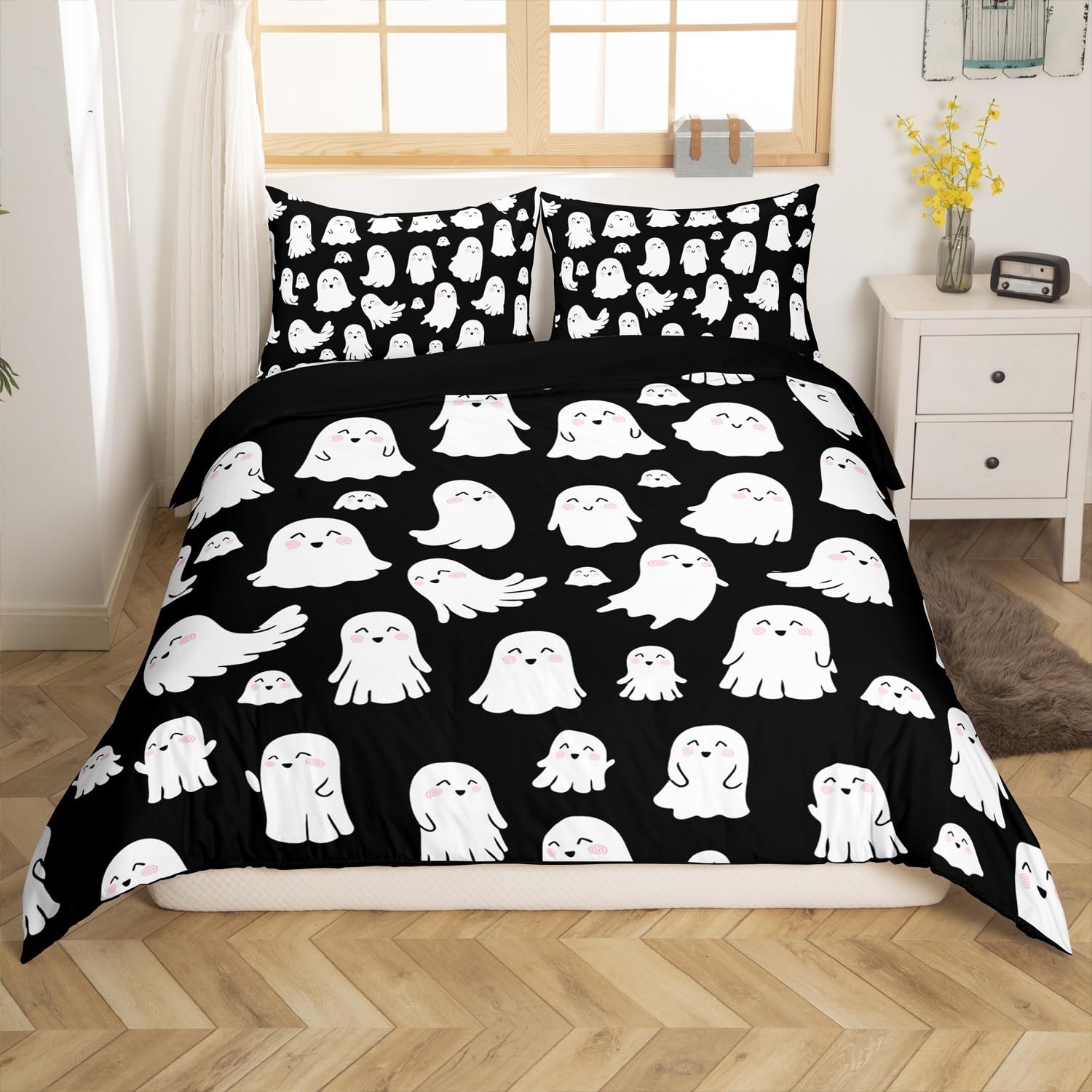 Feelyou Halloween Ghost Duvet Cover Set Cute White Spooky King Size Bedding Set Decoration for Kids Boys Girls Cartoon Comforter Cover Kawaii Lovely Quilt Cover Soft and Lightweight