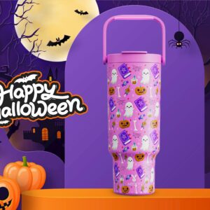 Meoky 40 oz Halloween Tumbler with Handle and Straw, Insulated Water Bottle, Stainless Steel Travel Mug, Keeps Cold for 34 Hours, Fits in Car Cup Holder (Spooky Pumpkin)