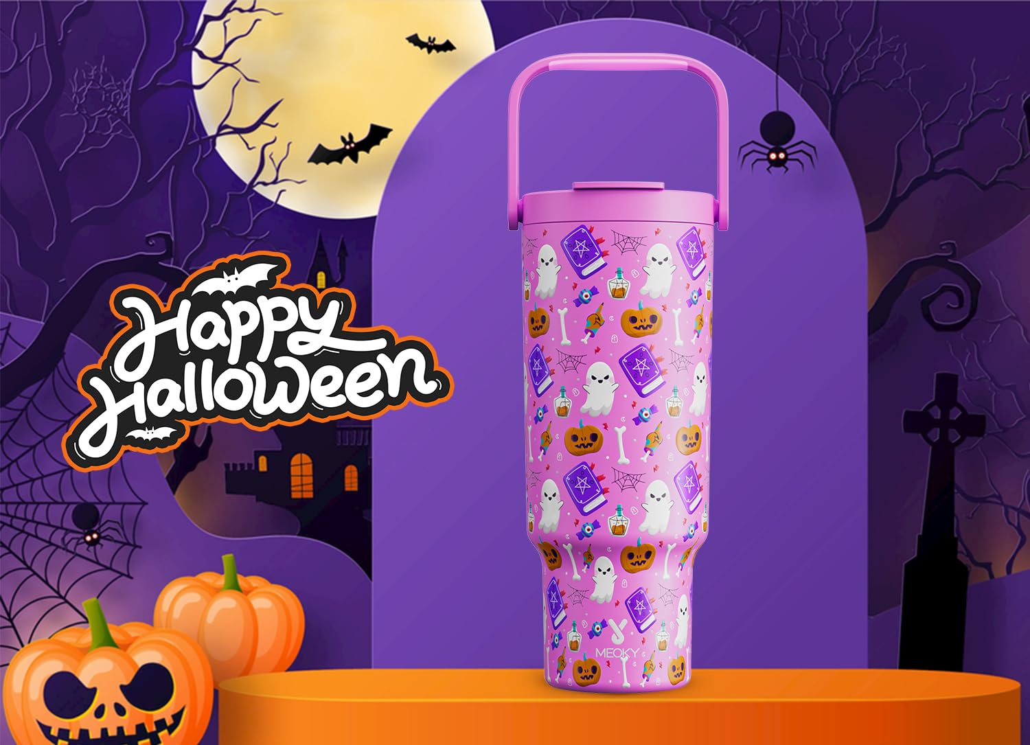 Meoky 40 oz Halloween Tumbler with Handle and Straw, Insulated Water Bottle, Stainless Steel Travel Mug, Keeps Cold for 34 Hours, Fits in Car Cup Holder (Spooky Pumpkin)