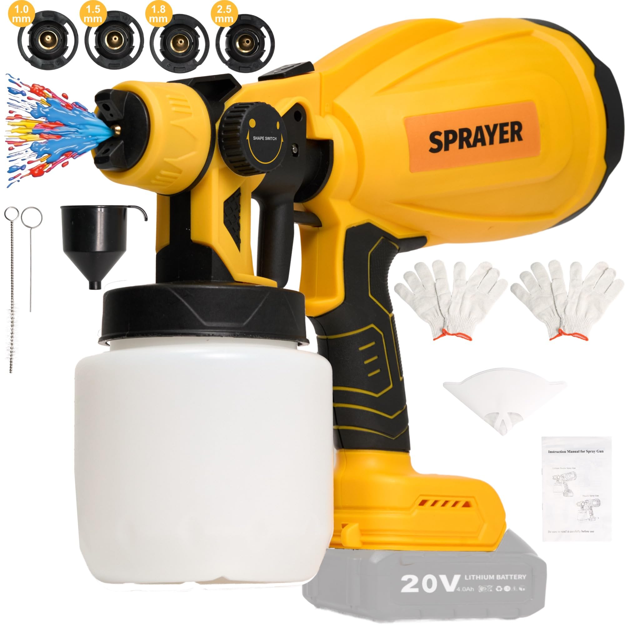 GlowSpark Cordless Paint Sprayer for Dewalt 20V Battery (Battery Not Included), HVLP Paint Sprayer Gun with 4 Copper Nozzles & 3 Spray Patterns, 10 Funnel Paper for Home, Wall, Fence, Floor, DIY