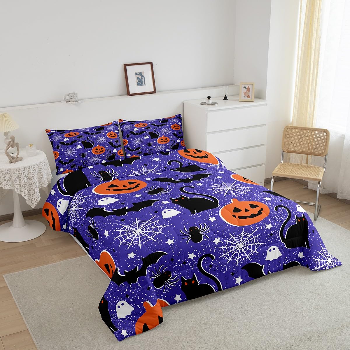 Feelyou Happy Halloween Full Size Bedding Set Decoration Pumpkin Lantern Comforter Set for Kids Boys Girls Spooky Cat Bat Duvet Set Purple Quilt Set Soft and Lightweight