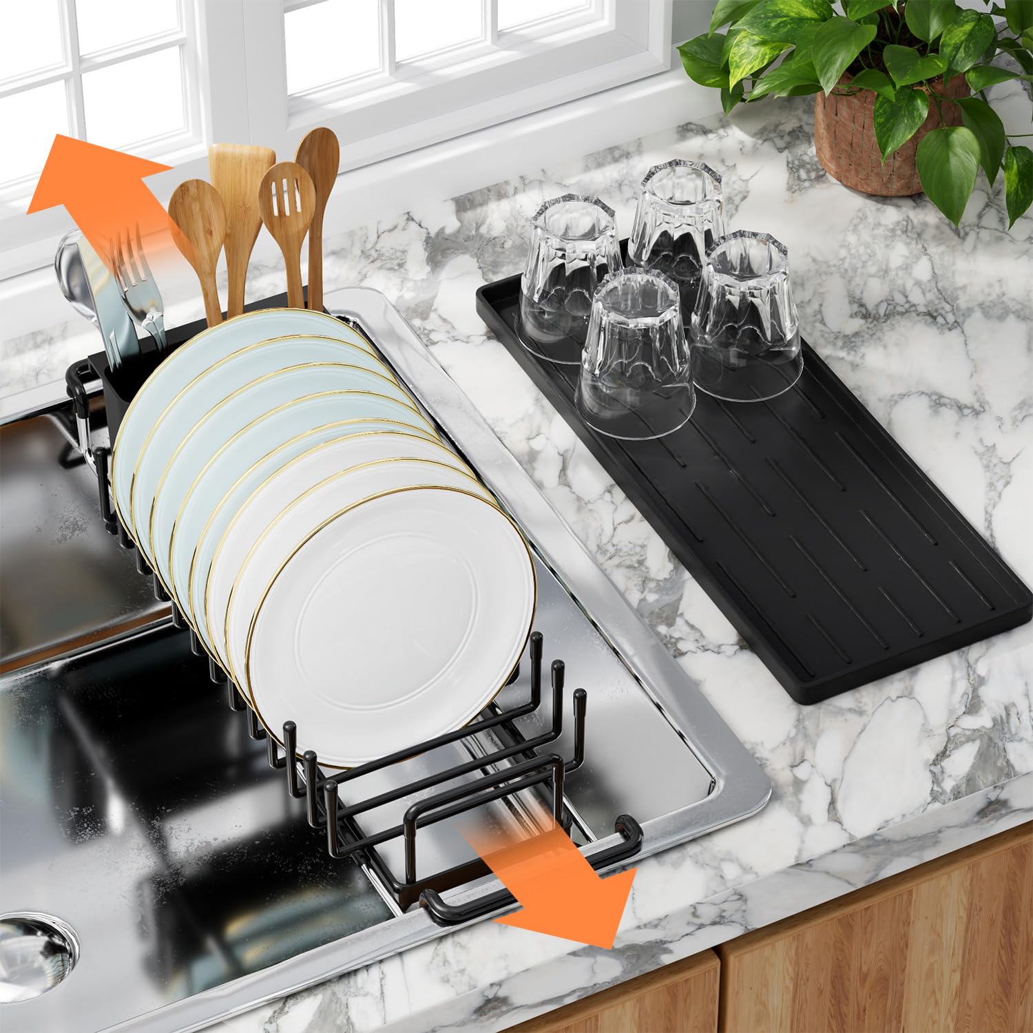 TOOCA BEAR Expandable Small Dish Drying Rack, Stainless Steels Over Sink Dish Drainer with Silicone Drying Tray Dish Racks for Kitchen Counter