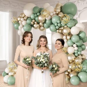 147pcs Sage Green Balloon Arch Kit, Sage Green Gold Sand White Balloons for Wedding Engagement Anniversary Bridal Shower Baby Shower Birthday Party Decorations