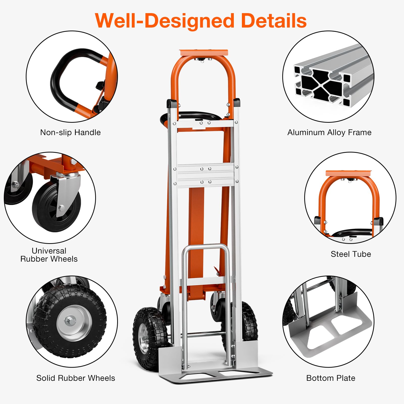 Oarlike 4-in-1 Aluminum Hand Truck, 800 lbs Capacity Heavy Duty Dolly Cart with 10" Rubber Wheels, Industrial Folding Dolly for Moving, Transport in Warehouse, Supermarket, Garden, Home