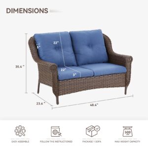 Bellefurn Patio Wicker Sofa Brown Rattan Loveseat Outdoor Couch with Chrysanthemum Armest & Water Resistant Cushions Sofa for Garden Balcony Backyard Poolside, Blue Cushions Loveseat(1PC)