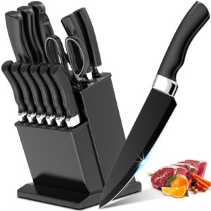 meleho 15 piece kitchen knife set, kitchen knives set, abs handle chef knife set, multifunction knife block set for slicer, cutting, chopping,perfect holiday gift (black)