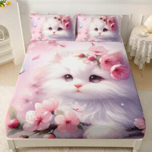 ailonen cat kids full fitted sheet set,pink cherry blossom kitten bed sheet set for girls,kawaii cat fitted sheet with 2 pillowcases,3 piece butterfly cat soft bedding set