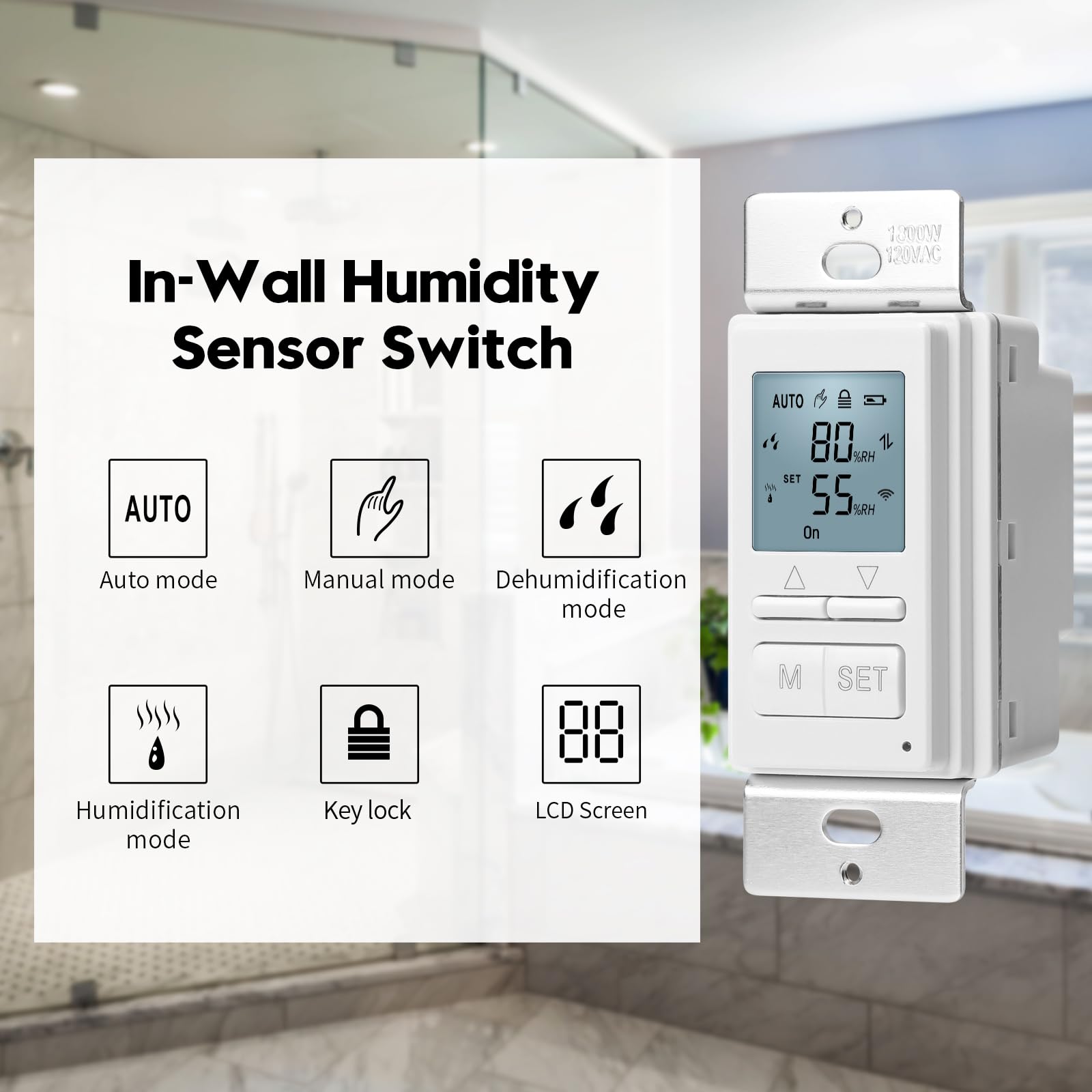 New 2024! Humidity Sensor Switch, Ortis in-Wall Bathroom Fan Automated Control Switch with Separate Sensor, Air Moisture Detection, Neutral Wire Required, Keep Your Room Dry, 328 ft Range, 110/220V